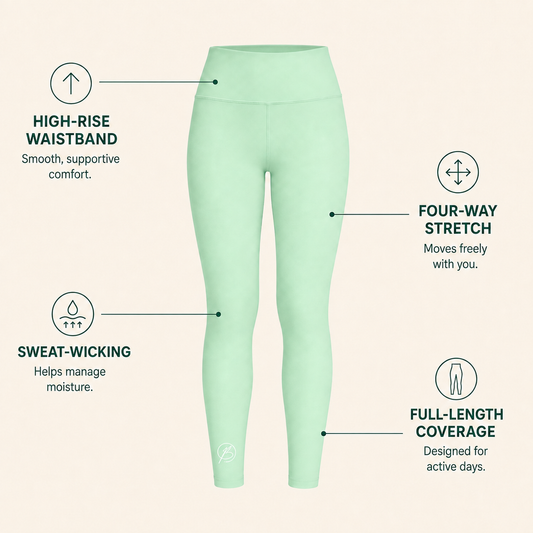 Mint green high-waisted leggings shown on a light beige background with feature callouts and icons for high-rise waistband, four-way stretch, sweat-wicking, and full-length coverage.