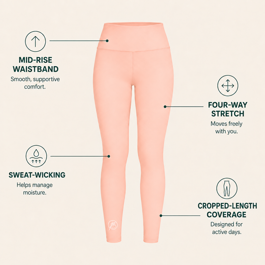 A pair of peach-colored mid-waisted leggings shown on a light beige background with feature callouts and icons: mid-rise waistband, four-way stretch, sweat-wicking, and cropped-length coverage.