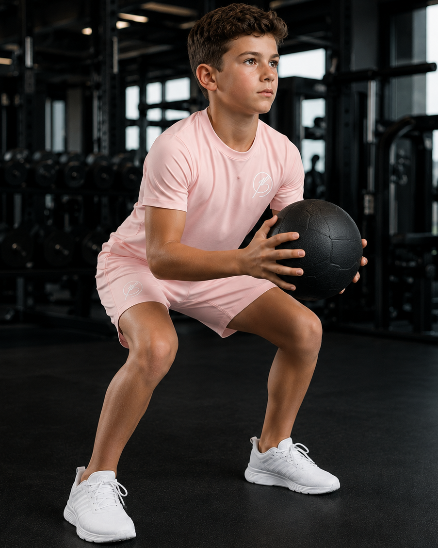 A young boy in a pink athletic t-shirt and matching shorts holds a black medicine ball while performing a squat in a modern gym.