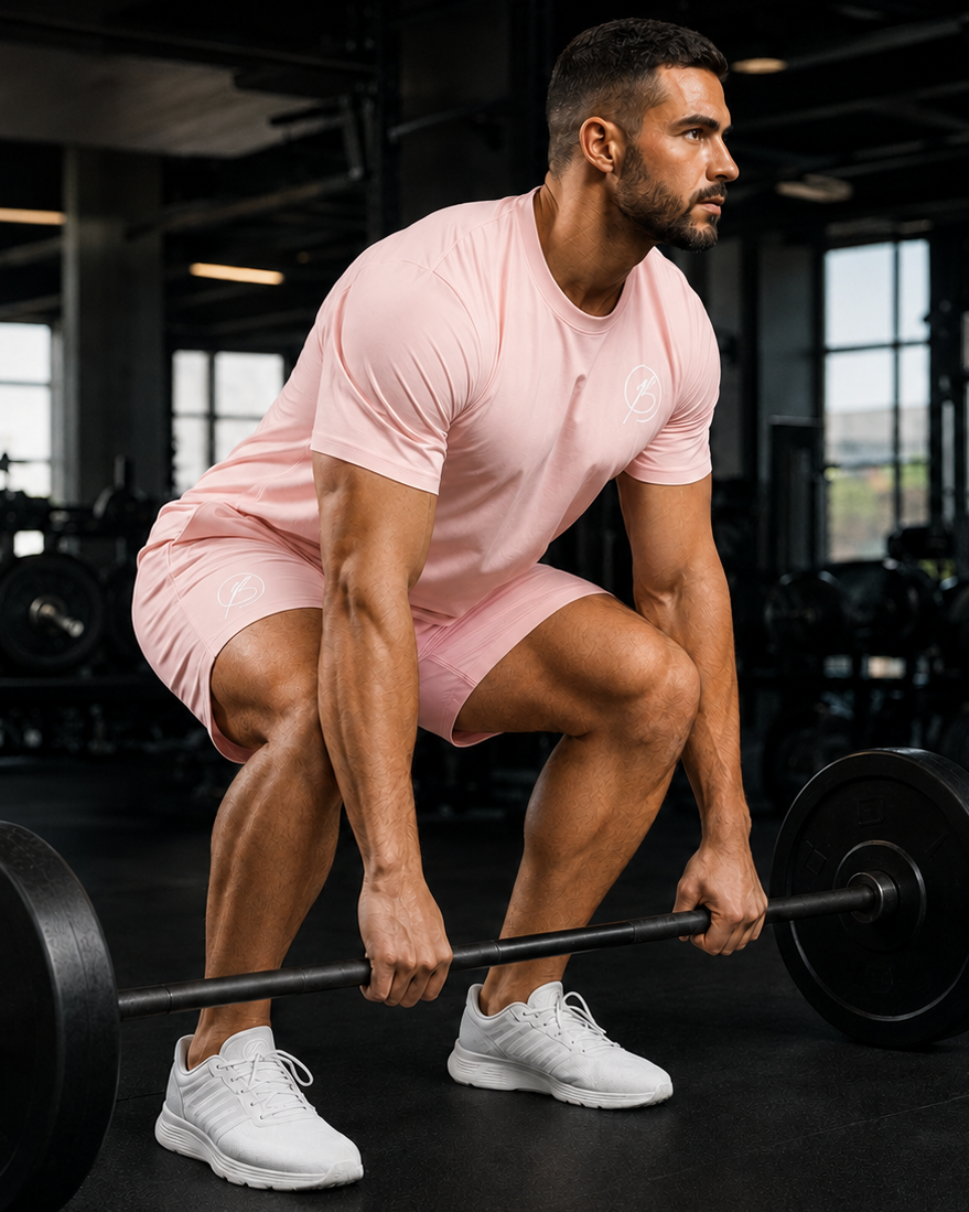 A man in a pink athletic t-shirt and matching shorts crouches in a gym while lifting a barbell, wearing white sneakers.