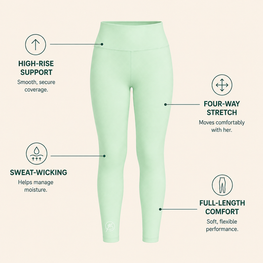 Mint green high-waisted leggings shown on a light beige background with feature callouts: high-ride support, four-way stretch, sweat-wicking, and full-length comfort.