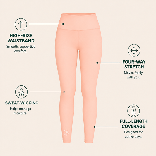 Light pink high-waisted leggings shown on a light beige background with feature callouts and icons for high-rise waistband, four-way stretch, sweat-wicking, and full-length coverage.
