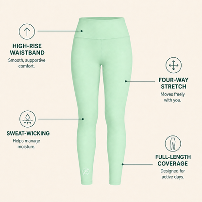 Mint green high-waisted leggings shown on a light beige background with feature callouts and icons for high-rise waistband, four-way stretch, sweat-wicking, and full-length coverage.
