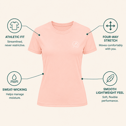 A light peach-pink short-sleeve athletic T-shirt centered on a warm off-white background, surrounded by four callout icons and text describing features: athletic fit, four-way stretch, sweat-wicking, and smooth lightweight feel.