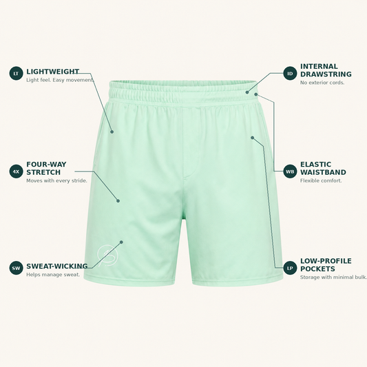 Mint green athletic shorts with callout lines and text labels highlighting key features: lightweight, four-way stretch, elastic waistband, sweat-wicking, and low-profile pockets, set against a solid off-white background.