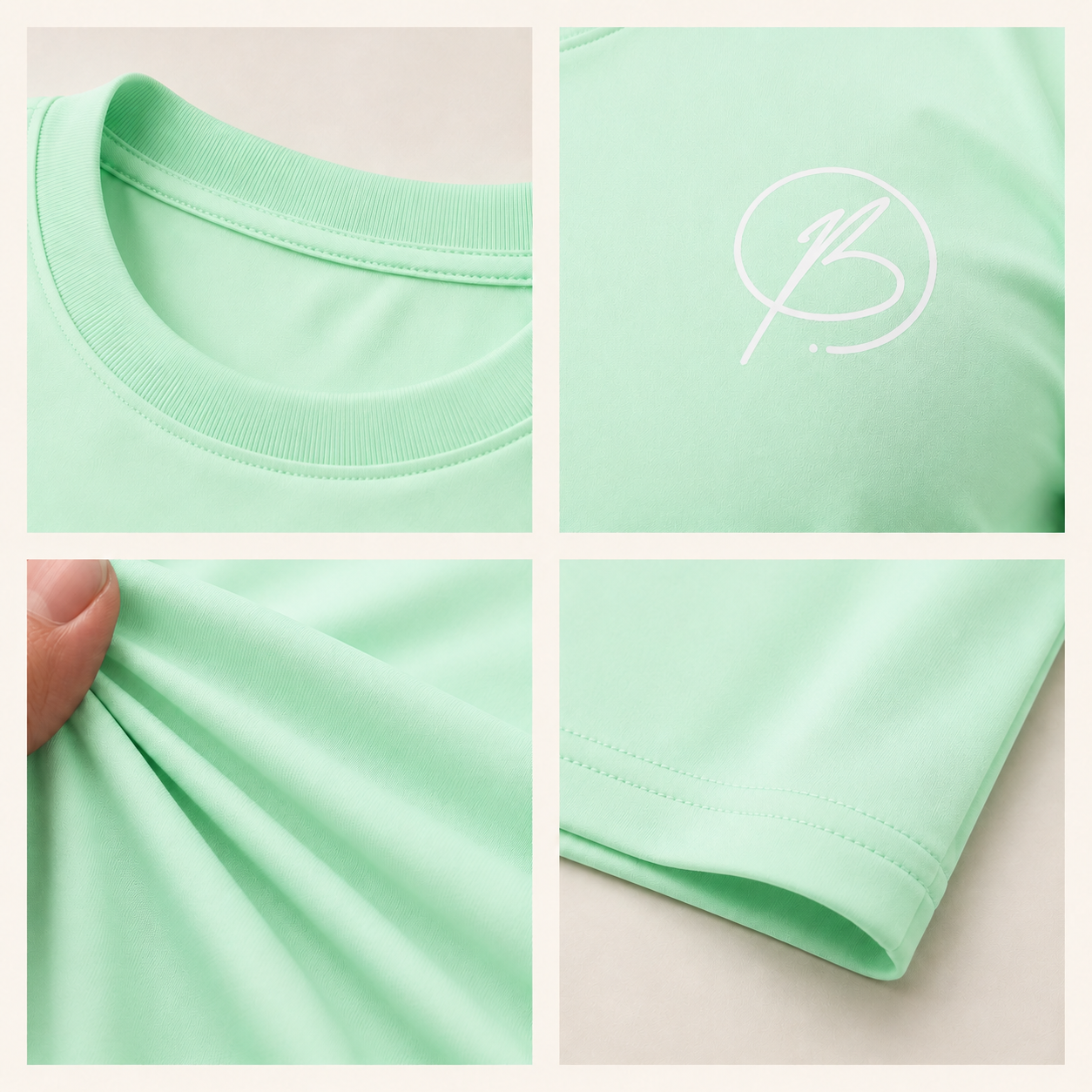 A mint green crewneck t-shirt shown in a four-panel detail collage. The panels highlight the ribbed collar, a white embroidered script logo on the chest, the fabric's soft texture being stretched by a finger, and the folded sleeve with neat stitching.