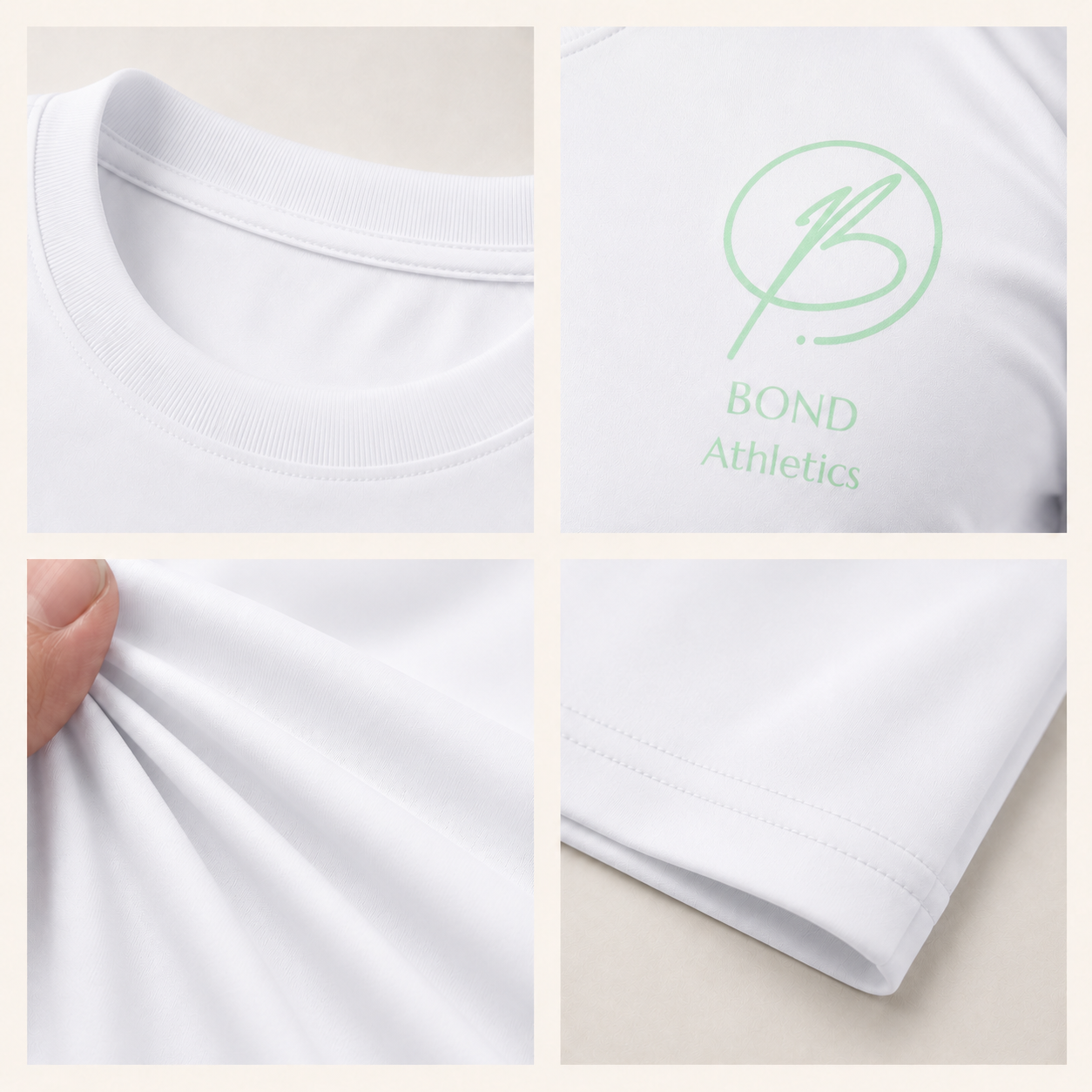 A four-panel close-up collage of a white short-sleeve athletic T-shirt. The top-left panel shows the crew neck.