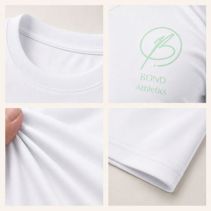 A four-panel close-up collage of a white short-sleeve athletic T-shirt. The top-left panel shows the crew neck.