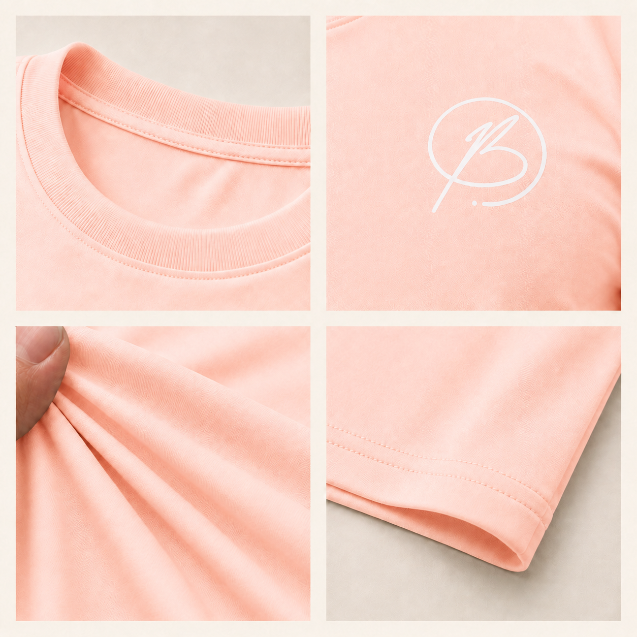 A four-panel close-up collage of a peach-pink short-sleeve T-shirt. The top-left panel shows the crew neck; the top-right panel shows a white script logo on the chest; the bottom-left panel shows fabric being stretched by a hand to demonstrate elasticity; the bottom-right panel shows the sleeve hem and stitching.