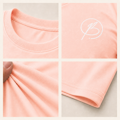 A four-panel close-up collage of a peach-pink short-sleeve T-shirt. The top-left panel shows the crew neck; the top-right panel shows a white script logo on the chest; the bottom-left panel shows fabric being stretched by a hand to demonstrate elasticity; the bottom-right panel shows the sleeve hem and stitching.