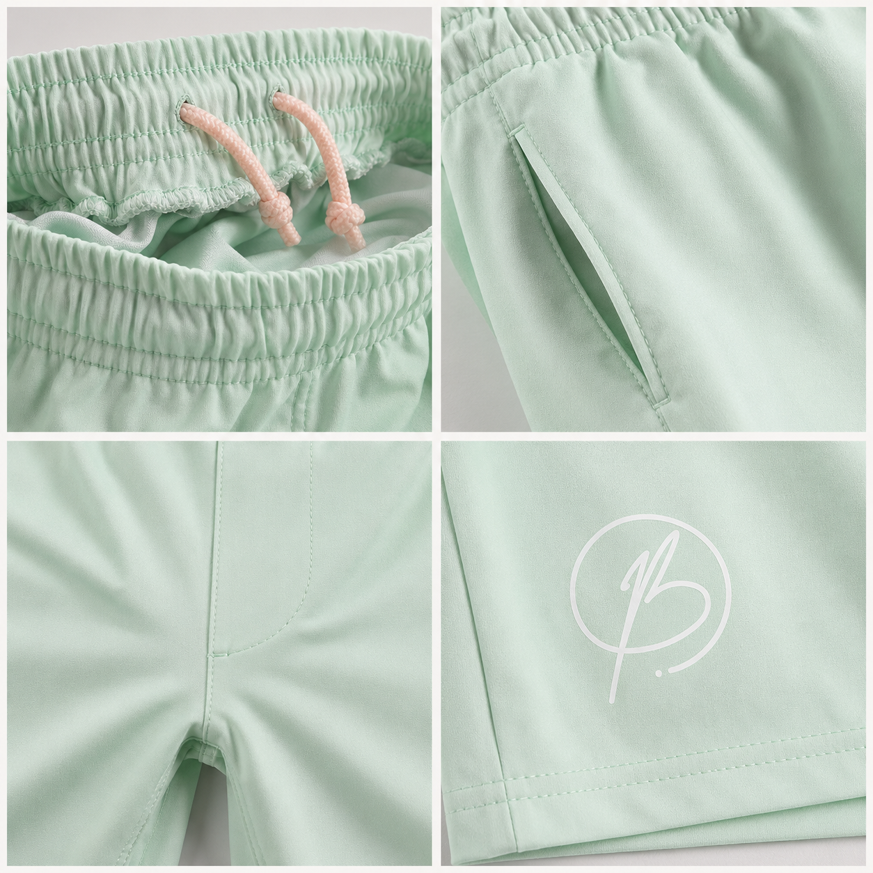 A four-panel close-up collage of mint green athletic shorts, showing the elastic waistband with pink drawstrings, a side pocket, the front seam, and a white embroidered logo on the leg.
