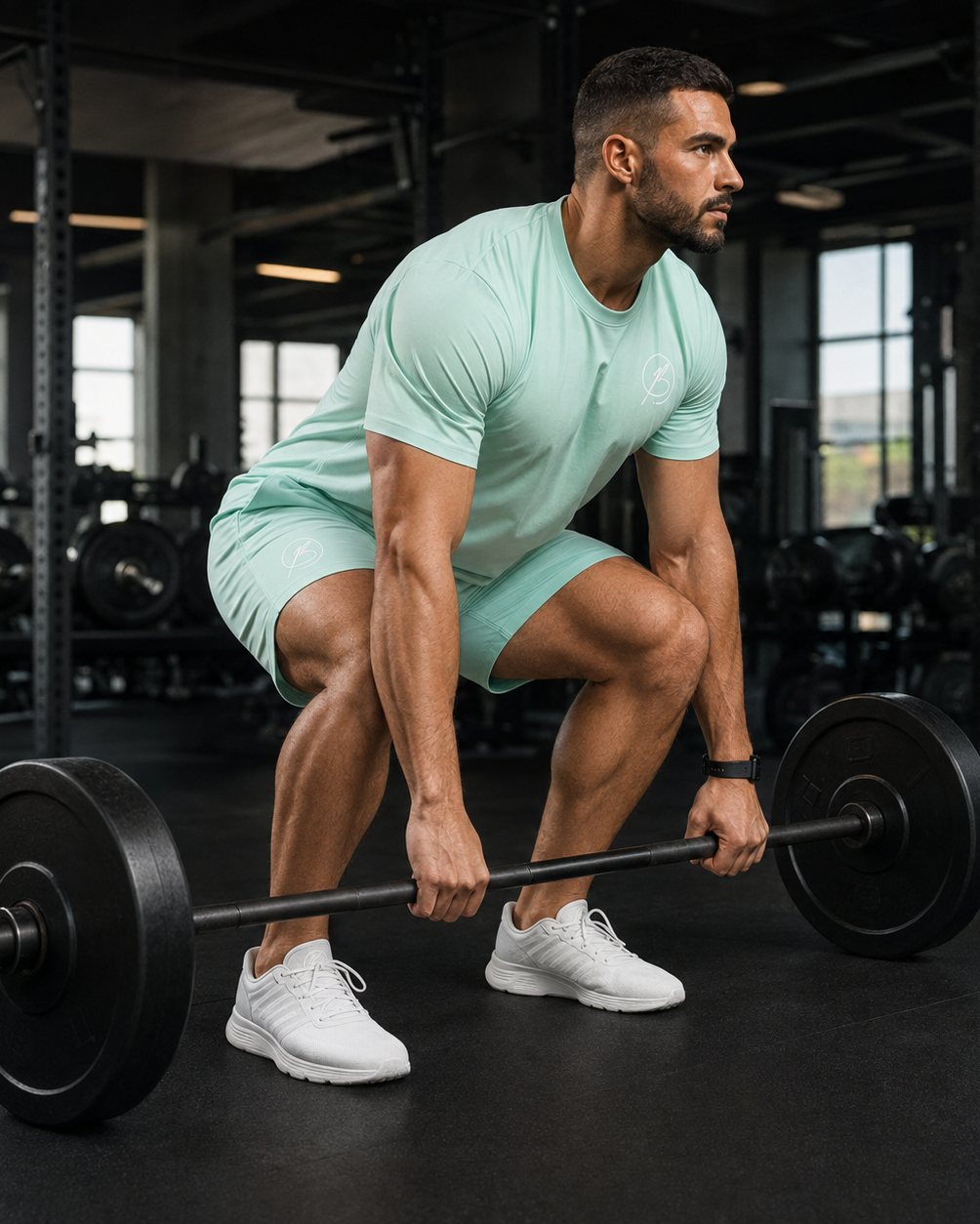 A man in a mint green athletic set (t-shirt and shorts) performing a deadlift with a barbell in a gym.