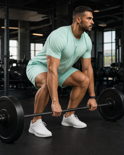 A man in a mint green athletic set (t-shirt and shorts) performing a deadlift with a barbell in a gym.