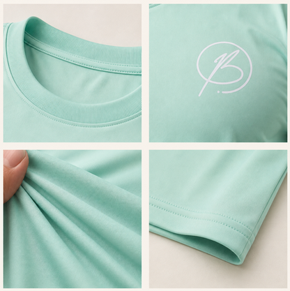 A four-panel close-up collage of a mint green short-sleeve top, showing the crew neck, a white script logo on the chest, fabric texture being pulled by a hand, and the sleeve hem with stitching.