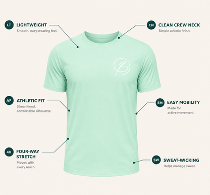 A mint green athletic t-shirt with a white circular logo on the left chest, surrounded by callout labels highlighting its features: lightweight, clean crew neck, athletic fit, easy mobility, four-way stretch, and sweat-wicking.