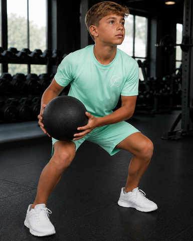 A young man in a mint green athletic outfit performs a squat in a gym while holding a black medicine ball. The background shows gym equipment, weight racks, and windows.