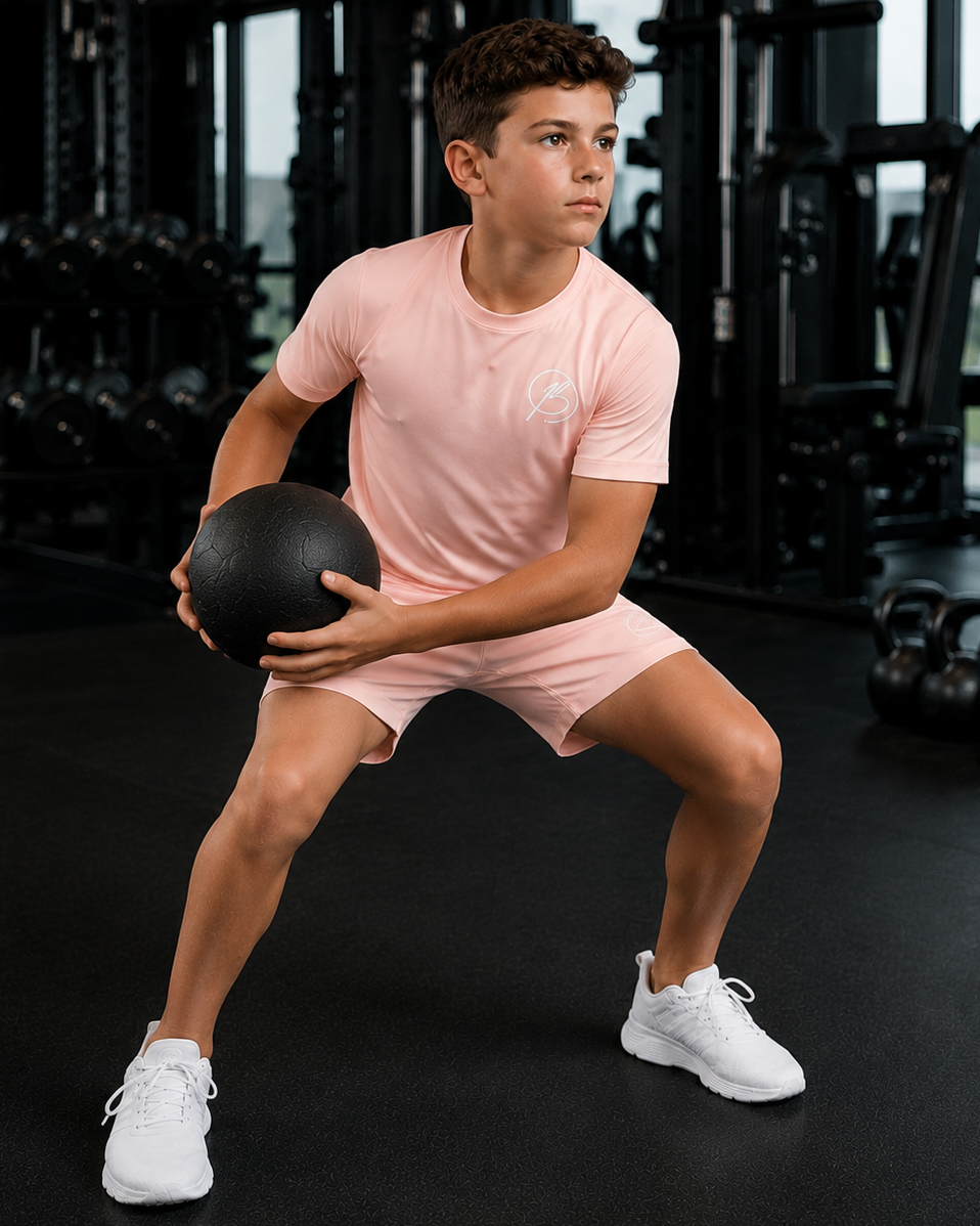 A young man in a pink athletic t-shirt and matching shorts holds a black medicine ball in a gym setting.