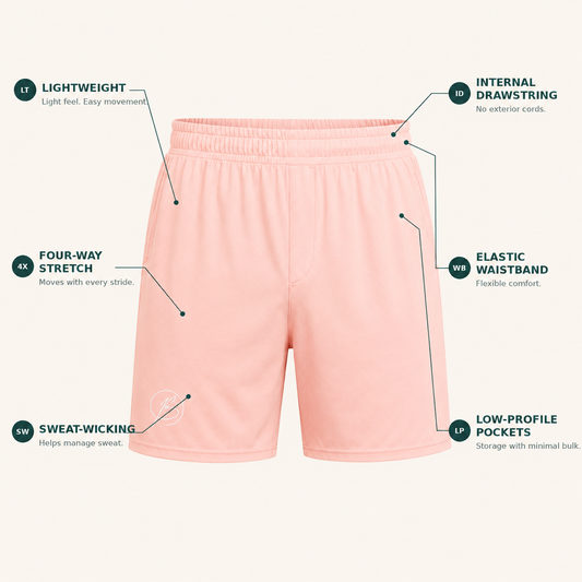 Light pink athletic shorts with callout lines and text highlighting key features: lightweight feel, four-way stretch, elastic waistband, internal drawstring, sweat-wicking fabric, and low-profile pockets, on a light cream background.