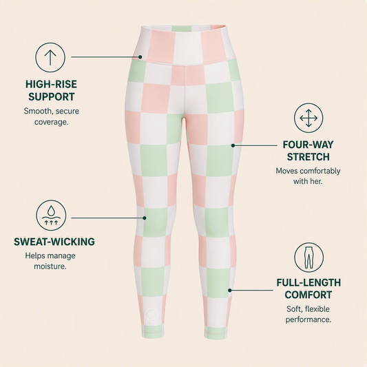 A pair of high-waisted leggings with a pastel pink, green, and white checkered pattern, shown with feature callout text on a light beige background.