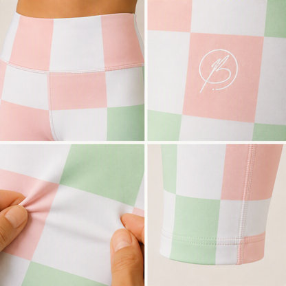 A four-panel close-up collage of pastel checkered leggings. The top-left panel shows the waistband and hip area; the top-right panel shows a white script logo on a pink square; the bottom-left panel shows a hand stretching the fabric to demonstrate elasticity; the bottom-right panel shows the lower leg hem and stitching.