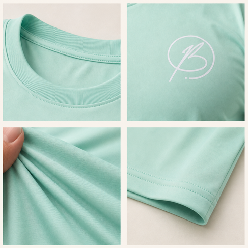 A four-panel close-up collage of a mint green short-sleeve T-shirt. The top-left panel shows the crew neck and ribbed collar.
