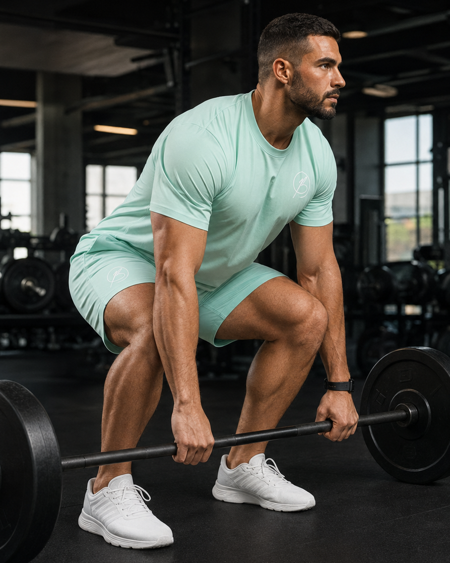 A man in a mint green athletic set (t-shirt and shorts) performing a deadlift with a barbell in a gym.