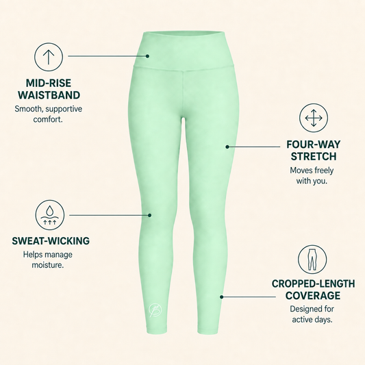 Mint green mid-waisted cropped leggings shown on a light beige background with feature callouts and icons: mid-rise waistband, four-way stretch, sweat-wicking, and cropped-length coverage.