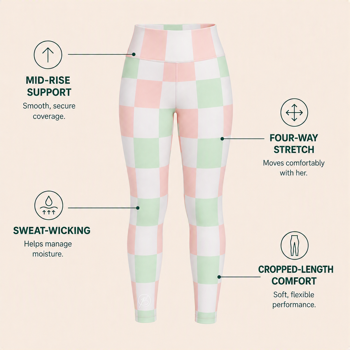 A pair of mid-rise cropped leggings with a pastel pink, white, and mint green checkered pattern, shown with feature callout text on a light beige background.