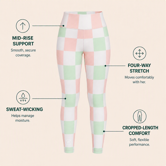 A pair of mid-rise cropped leggings with a pastel pink, white, and mint green checkered pattern, shown with feature callout text on a light beige background.