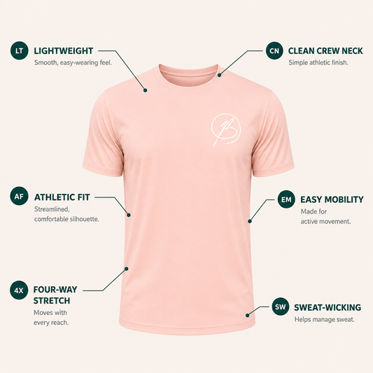 A light pink athletic t-shirt with a white chest logo, surrounded by callout text labels highlighting its features: lightweight, clean crew neck, athletic fit, four-way stretch, and sweat-wicking. The background is a solid off-white with a soft beige tint.