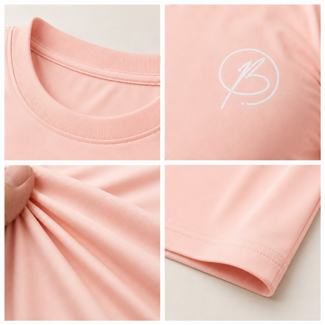 A four-panel close-up collage of a light pink short-sleeve T-shirt. The top-left panel shows the ribbed crew neck.