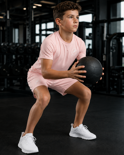 A young boy in a pink athletic t-shirt and matching shorts holds a black medicine ball while performing a squat in a modern gym.