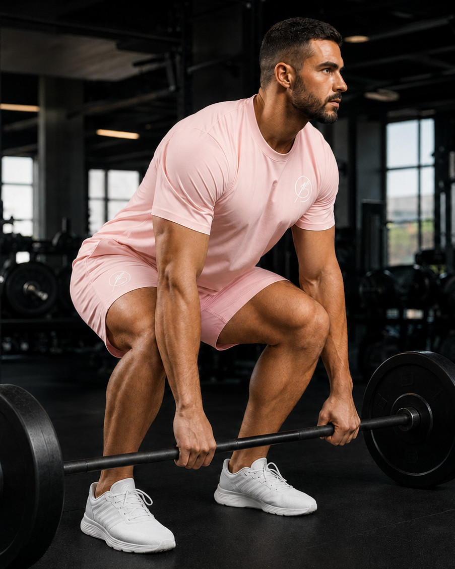 A man in a pink athletic t-shirt and matching shorts crouches in a gym while lifting a barbell, wearing white sneakers.