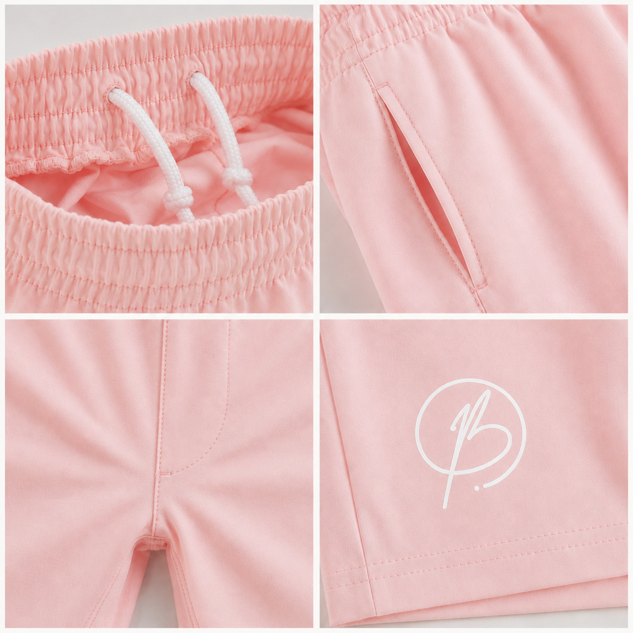 A four-panel close-up collage of light pink shorts, showing the elastic waistband with white drawstrings, a side pocket, the front seam area, and a white stylized logo printed on the leg.
