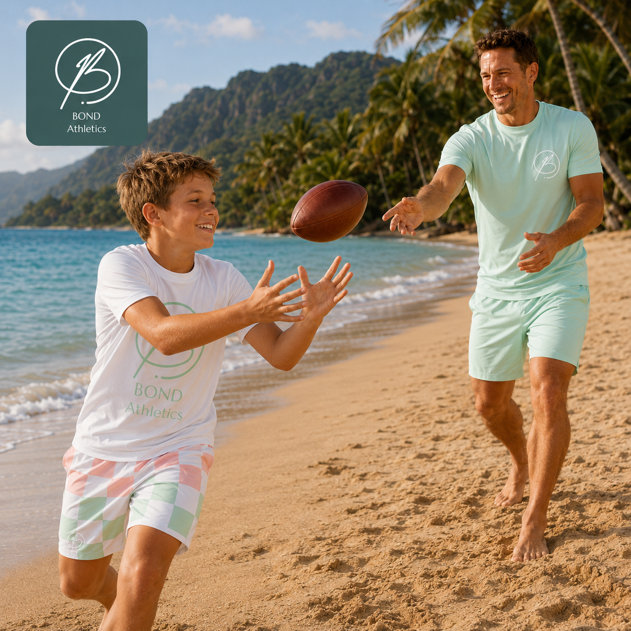A man and a boy play catch with an American football on a sunny tropical beach. Both are wearing matching light mint green and white Bond Athletics swimwear sets.