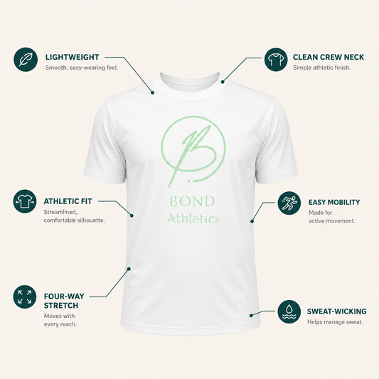 White short-sleeve athletic T-shirt with a light green Bond Athletics logo and text on the chest, shown on a light beige background with callout labels describing its lightweight, clean crew neck, athletic fit, stretch, and sweat-wicking qualities.