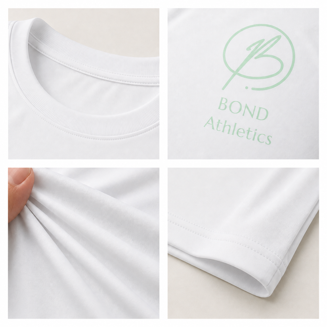 A white short-sleeve crewneck t-shirt shown in a four-panel close-up collage. The top-left panel shows the clean collar, the top-right panel displays a light green 'BOND Athletics' logo printed on the chest, the bottom-left panel shows a finger stretching the soft fabric to demonstrate its stretch, and the bottom-right panel shows the folded sleeve hem.