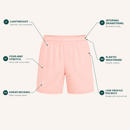 Light pink athletic shorts with feature callout labels pointing to lightweight design, internal drawstring, four-way stretch, elastic waistband, sweat-wicking fabric, and low-profile pockets on a light cream background.