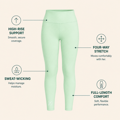 Mint green high-waisted leggings shown on a light beige background with feature callouts: high-ride support, four-way stretch, sweat-wicking, and full-length comfort.
